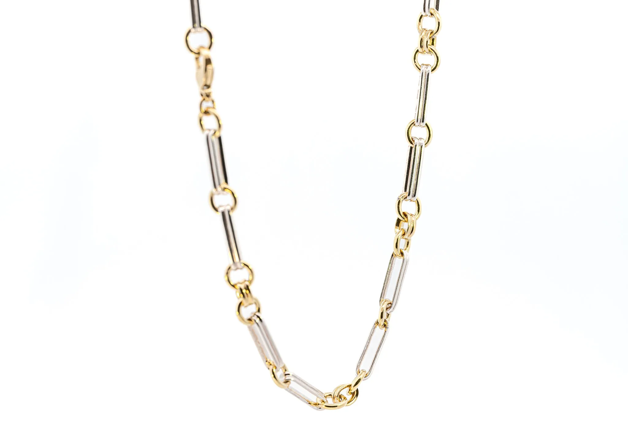 Exquisite Yellow & White Gold Double Pin and Round Link Chain