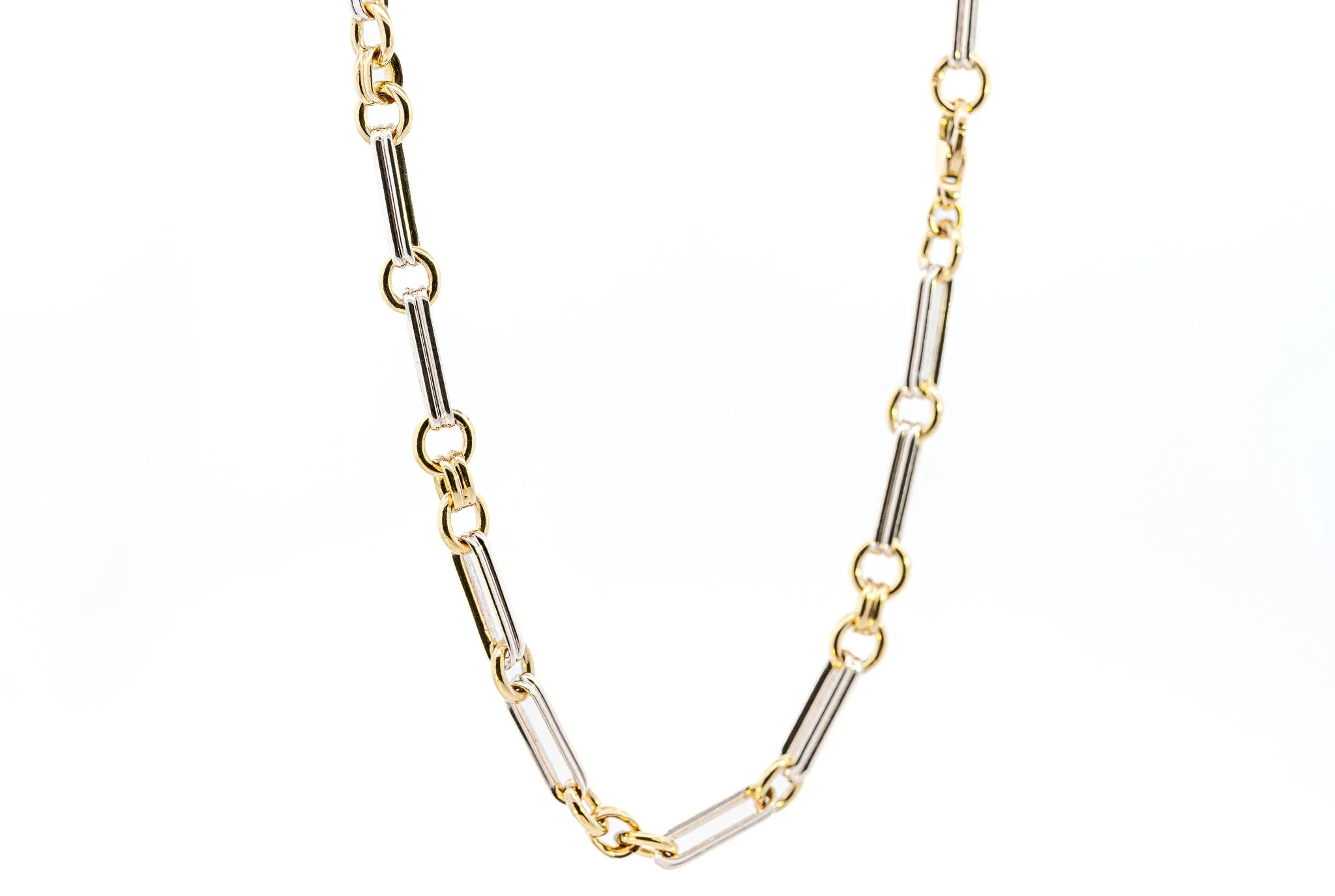 Exquisite Yellow & White Gold Double Pin and Round Link Chain