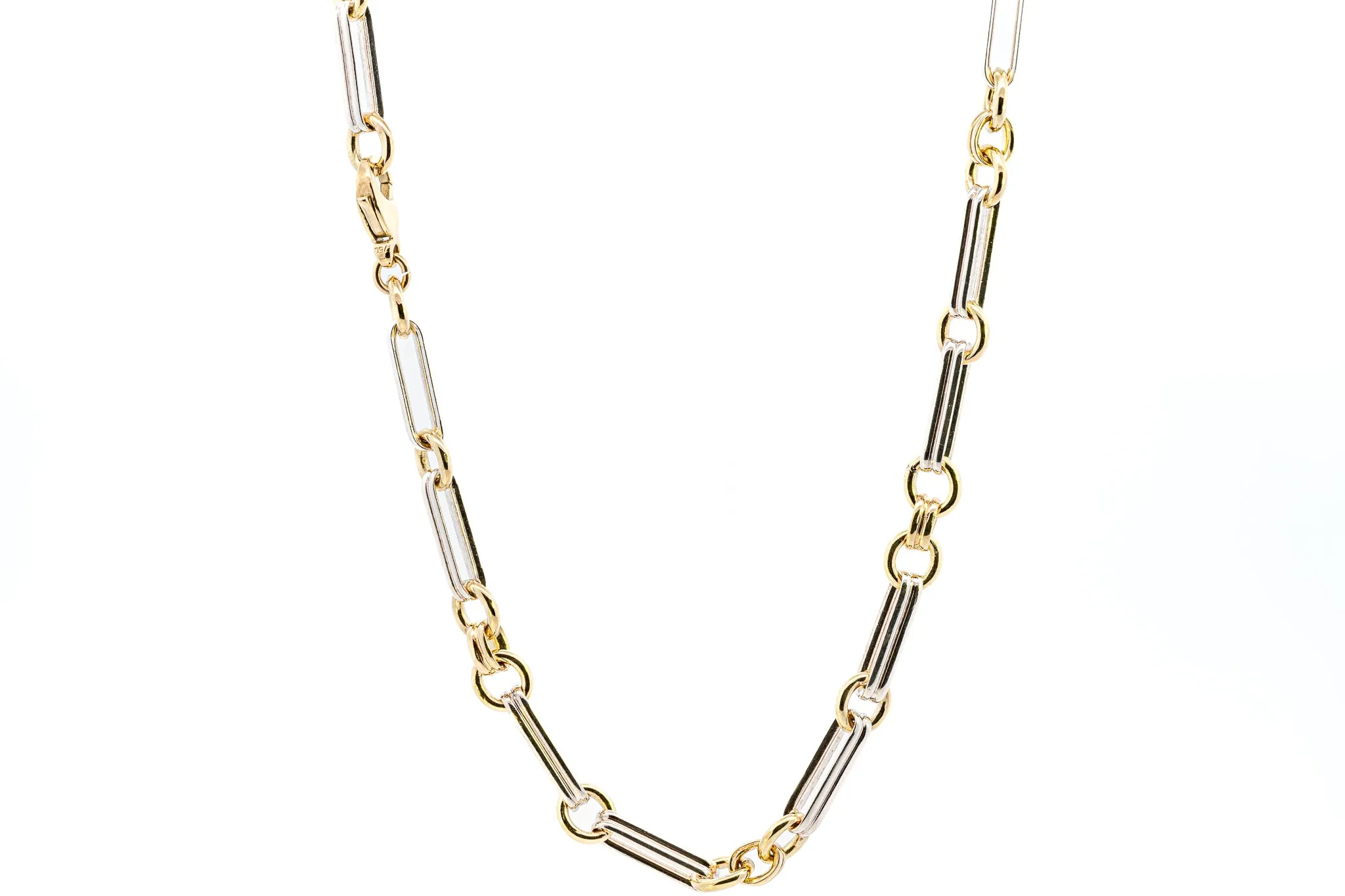 Exquisite Yellow & White Gold Double Pin and Round Link Chain