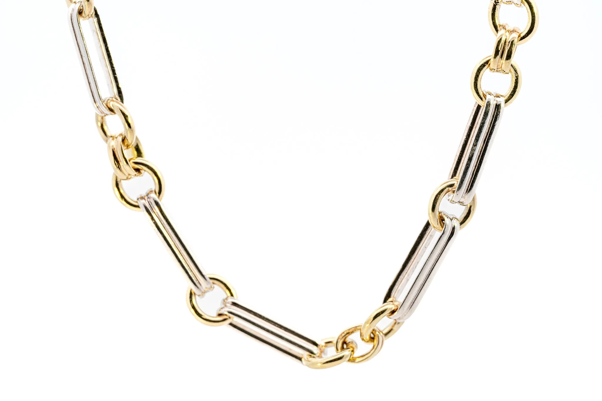Exquisite Yellow & White Gold Double Pin and Round Link Chain