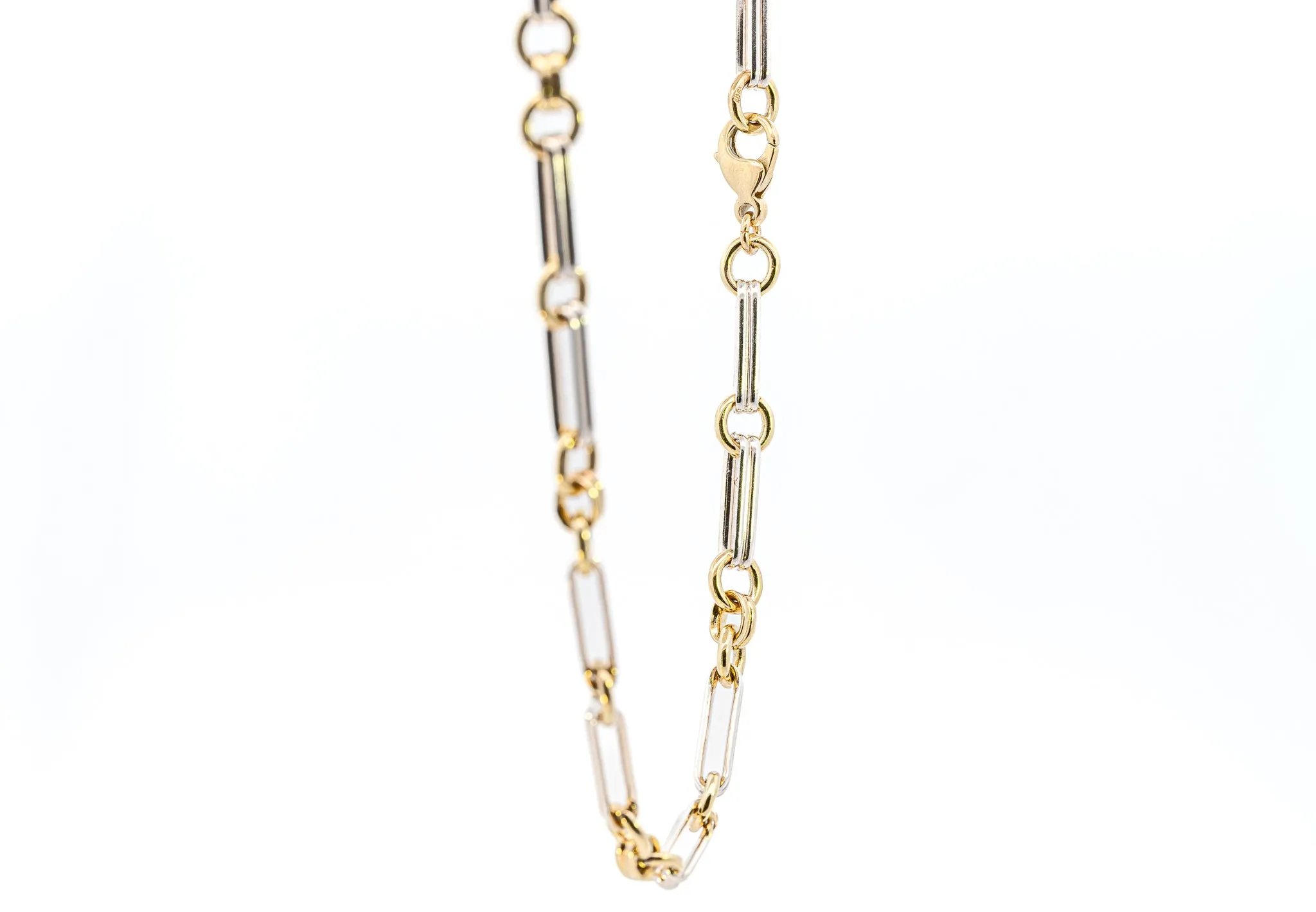 Exquisite Yellow & White Gold Double Pin and Round Link Chain