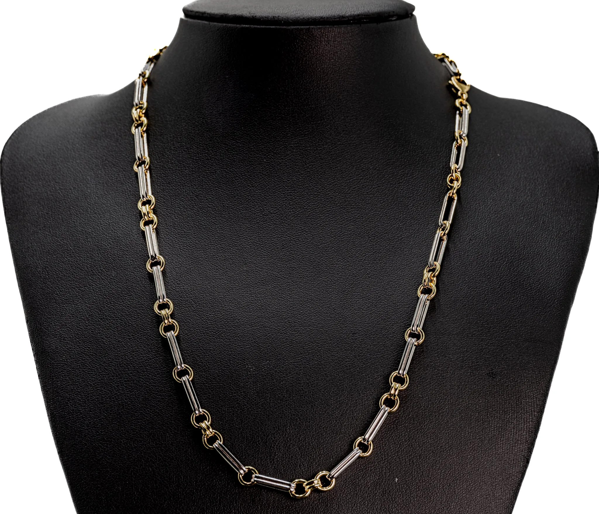 Exquisite Yellow & White Gold Double Pin and Round Link Chain