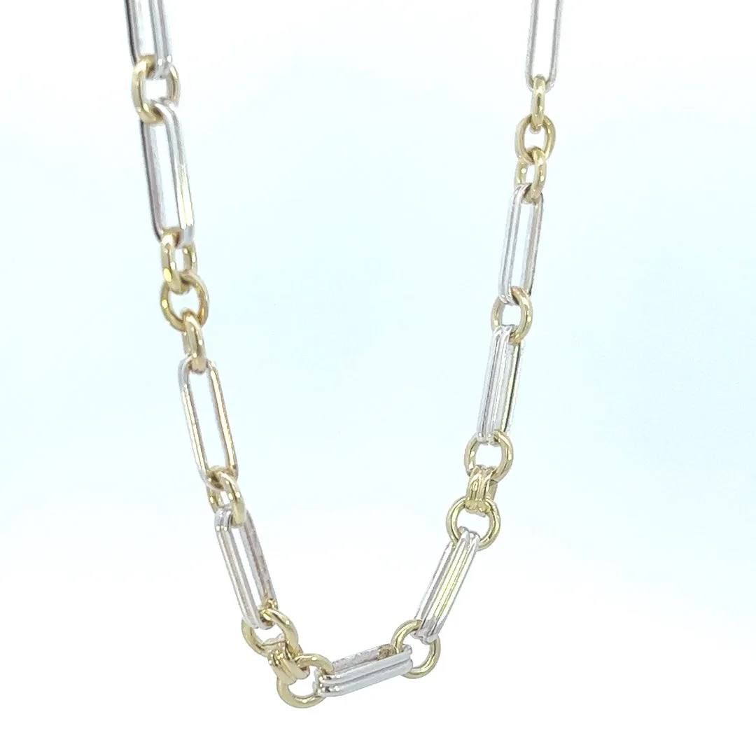 Exquisite Yellow & White Gold Double Pin and Round Link Chain
