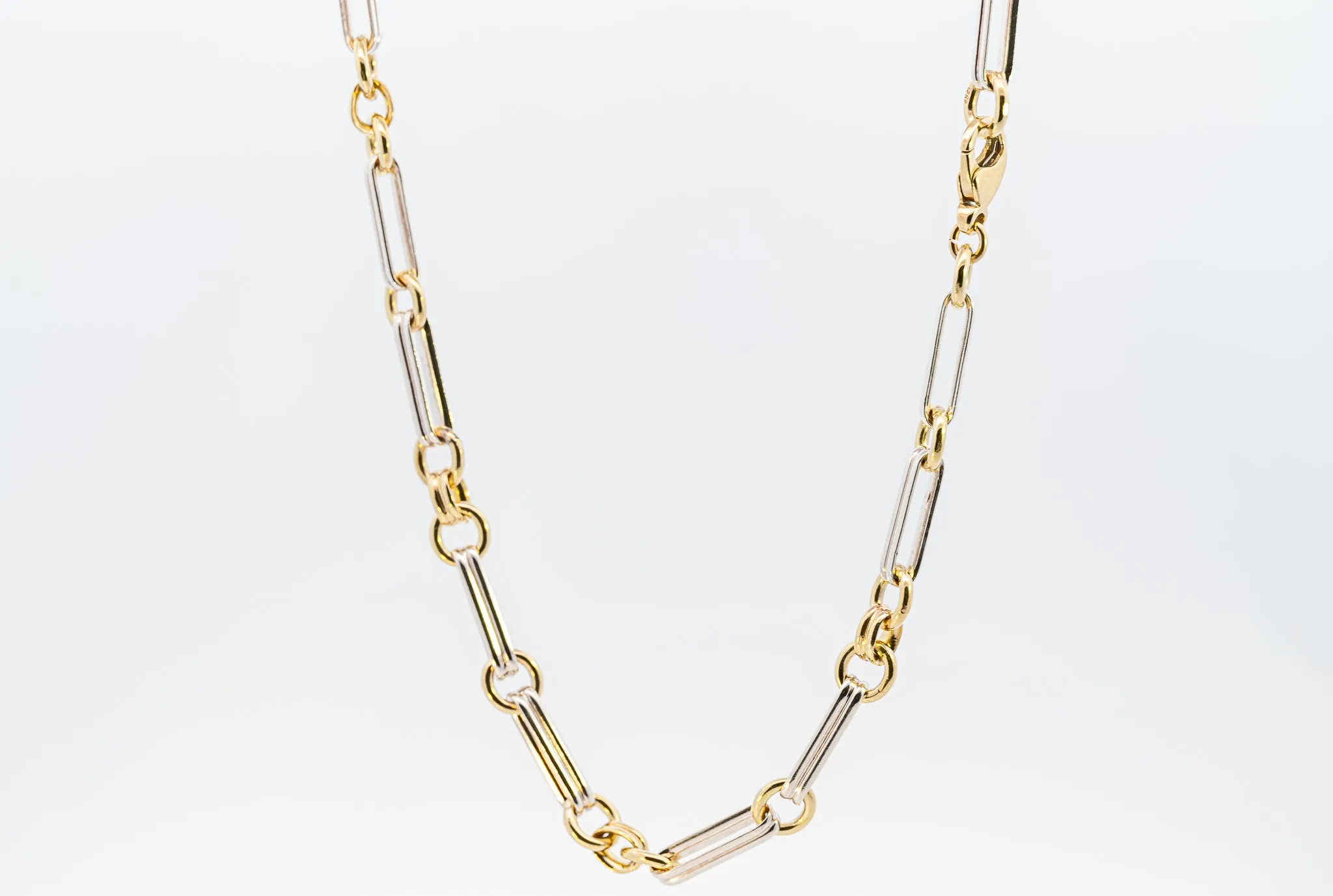 Exquisite Yellow & White Gold Double Pin and Round Link Chain