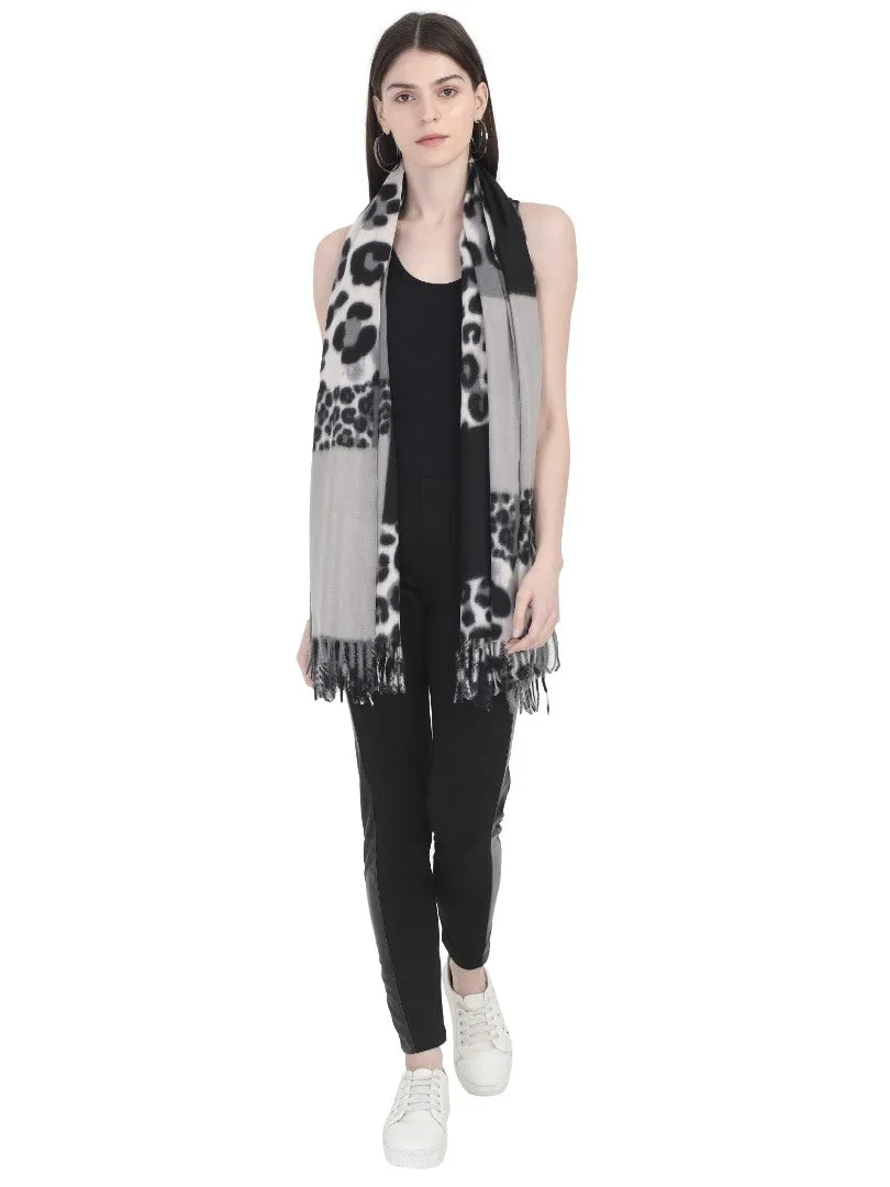 FabSeasons Grey Leopard Printed Acrylic Woolen Scarf For Women