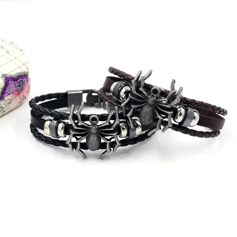 Fashion Men's Bracelet Retro Alloy Spider  Braided Leather Bracelet Wholesale