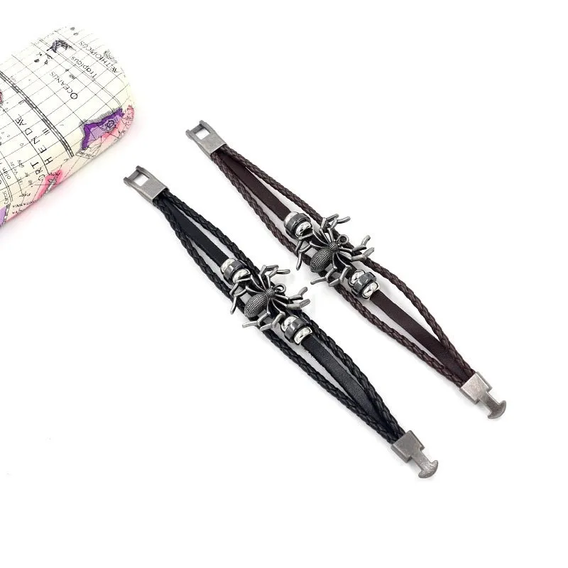 Fashion Men's Bracelet Retro Alloy Spider  Braided Leather Bracelet Wholesale