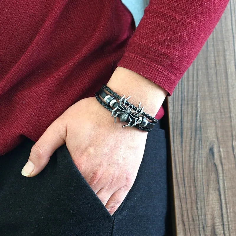 Fashion Men's Bracelet Retro Alloy Spider  Braided Leather Bracelet Wholesale