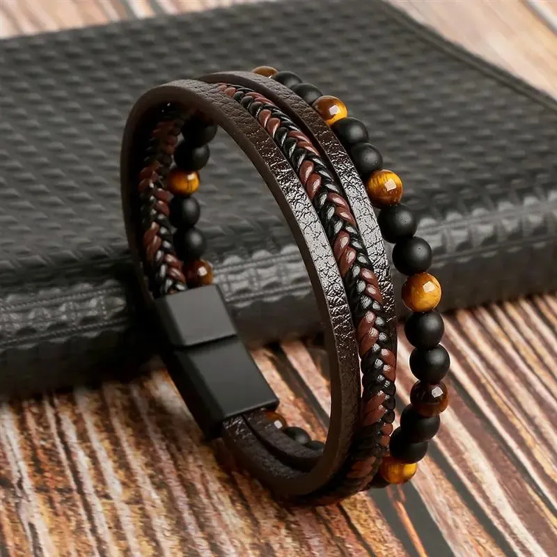Fashion Volcanic Stone Beaded Bracelet Mutilayer Braided Leather Bracelet For Men Stainless Steel Magnetic Bangle Jewelry Gift