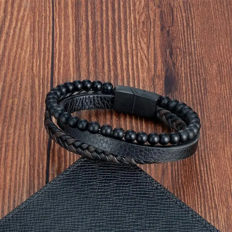 Fashion Volcanic Stone Beaded Bracelet Mutilayer Braided Leather Bracelet For Men Stainless Steel Magnetic Bangle Jewelry Gift