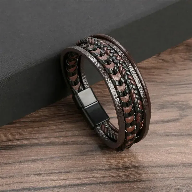 Fashion Volcanic Stone Beaded Bracelet Mutilayer Braided Leather Bracelet For Men Stainless Steel Magnetic Bangle Jewelry Gift