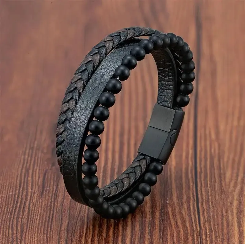 Fashion Volcanic Stone Beaded Bracelet Mutilayer Braided Leather Bracelet For Men Stainless Steel Magnetic Bangle Jewelry Gift