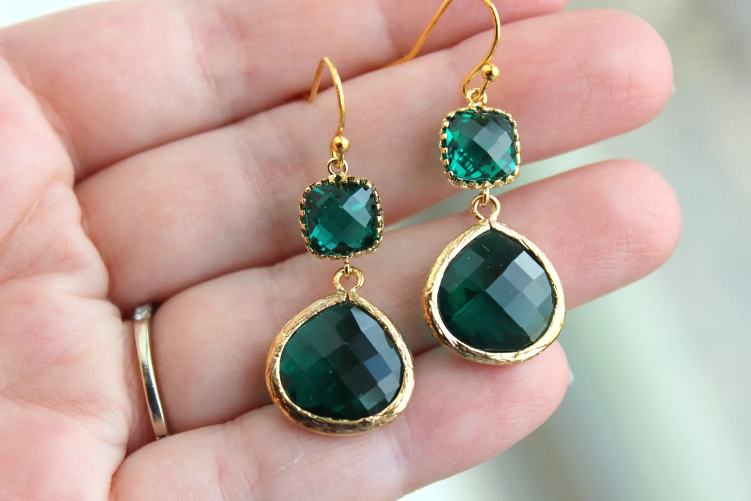 Gold Large Emerald Green Earrings Jade Jewelry - Two Tiered Earrings Emerald Bridesmaid Jewelry Hunter Green Wedding Jewelry Christmas Gift