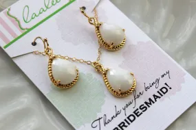 Gold White Opal Earring Necklace Set Cream Milk Jewelry Set - Wedding Jewelry Set Bridesmaid Jewelry Bridal Gift Personalized Note Card