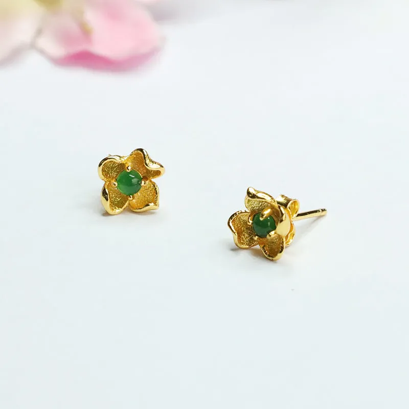 Green Jade Flower Sterling Silver Stud Earrings