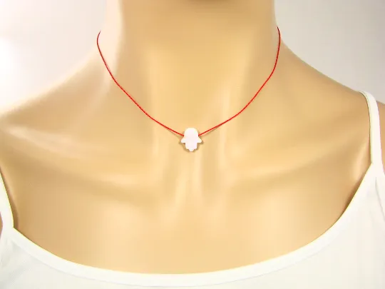 Hamsa Hand Necklace lab-Created Opal Red String