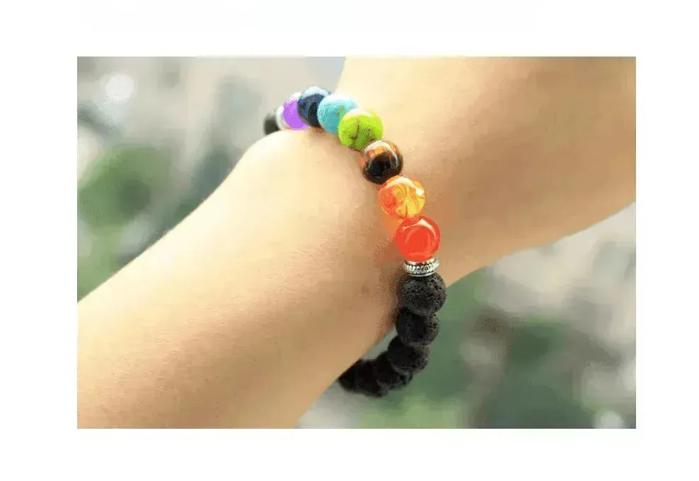 Handmade Black Lava Seven Chakra Healing Balance Beaded Bracelet