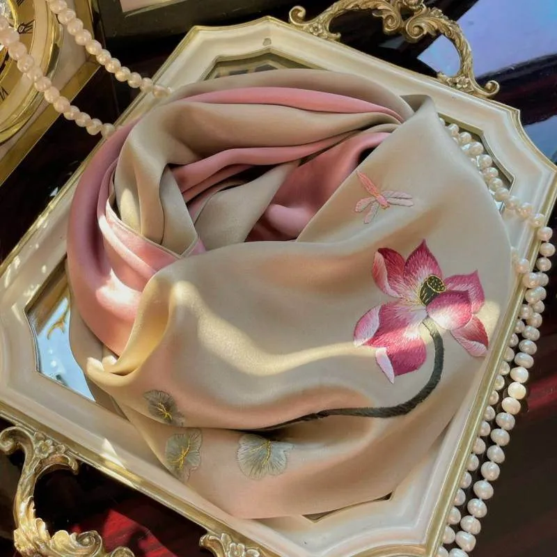 Handmade Su Embroidery 16 Momme Silk Scarf Lotus 155x35cm