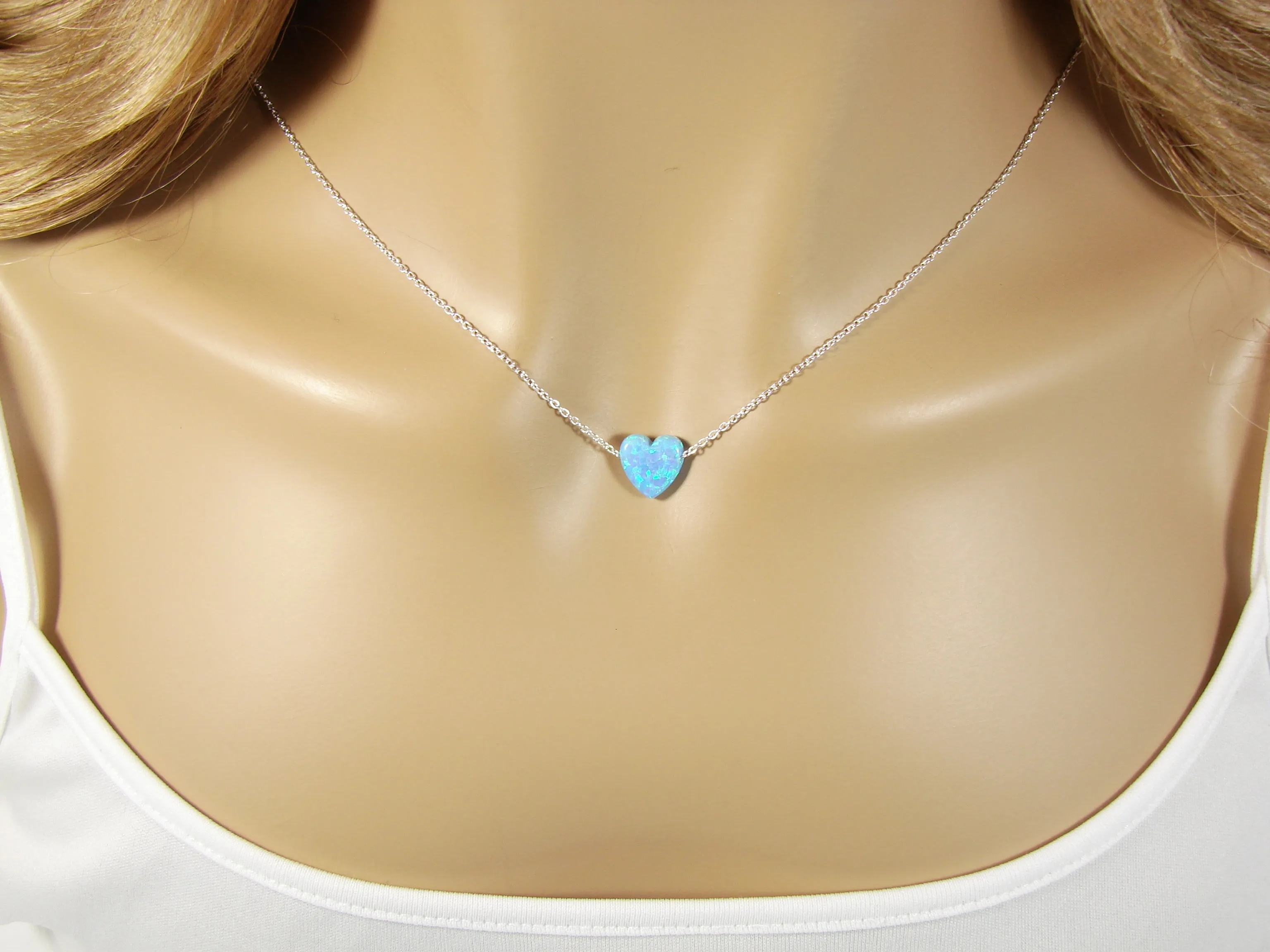 Heart Necklace Lab-Created Opal 925 Sterling Silver Chain