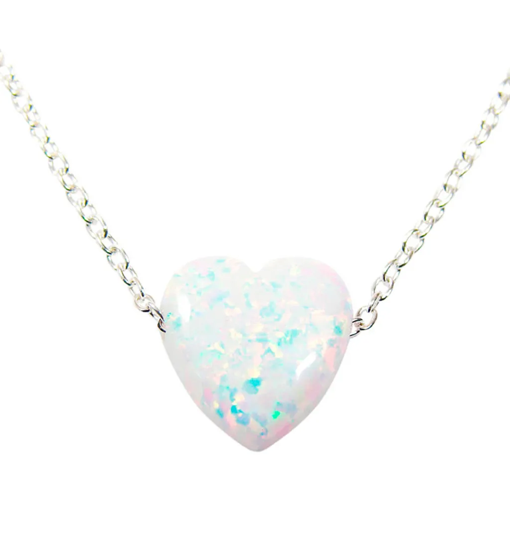 Heart Necklace Lab-Created Opal 925 Sterling Silver Chain