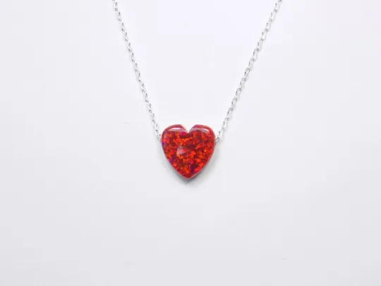 Heart Necklace Lab-Created Opal 925 Sterling Silver Chain