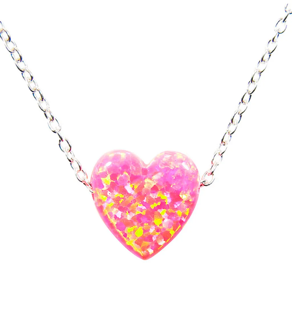 Heart Necklace Lab-Created Opal 925 Sterling Silver Chain