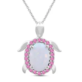 Jewelili Sterling Silver With Created Opal and Created Pink Sapphire Turtle Pendant Necklace