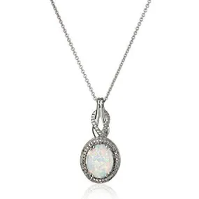 Jewelili Sterling Silver With Oval Created Opal and Diamonds Pendant Necklace