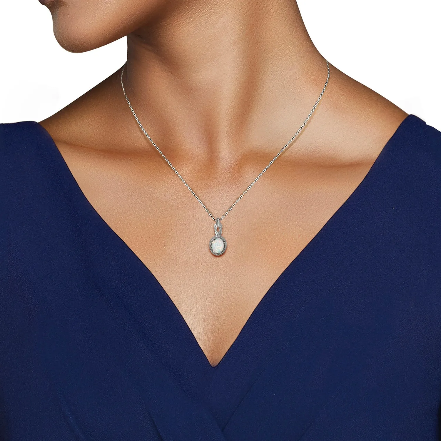 Jewelili Sterling Silver With Oval Created Opal and Diamonds Pendant Necklace