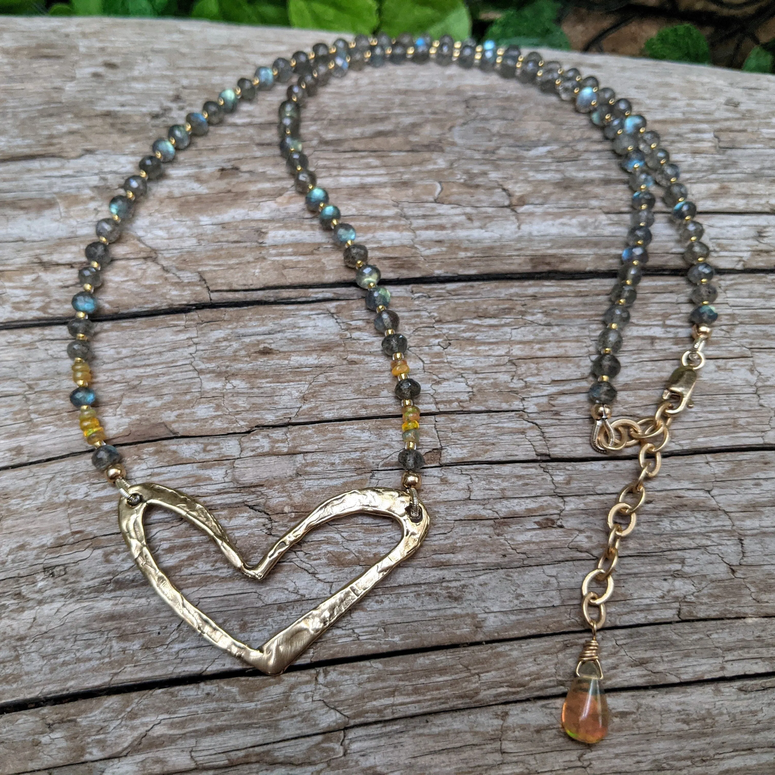 Labradorite, Ethiopian Opal & Gold Bronze Heart Gemstone Necklace