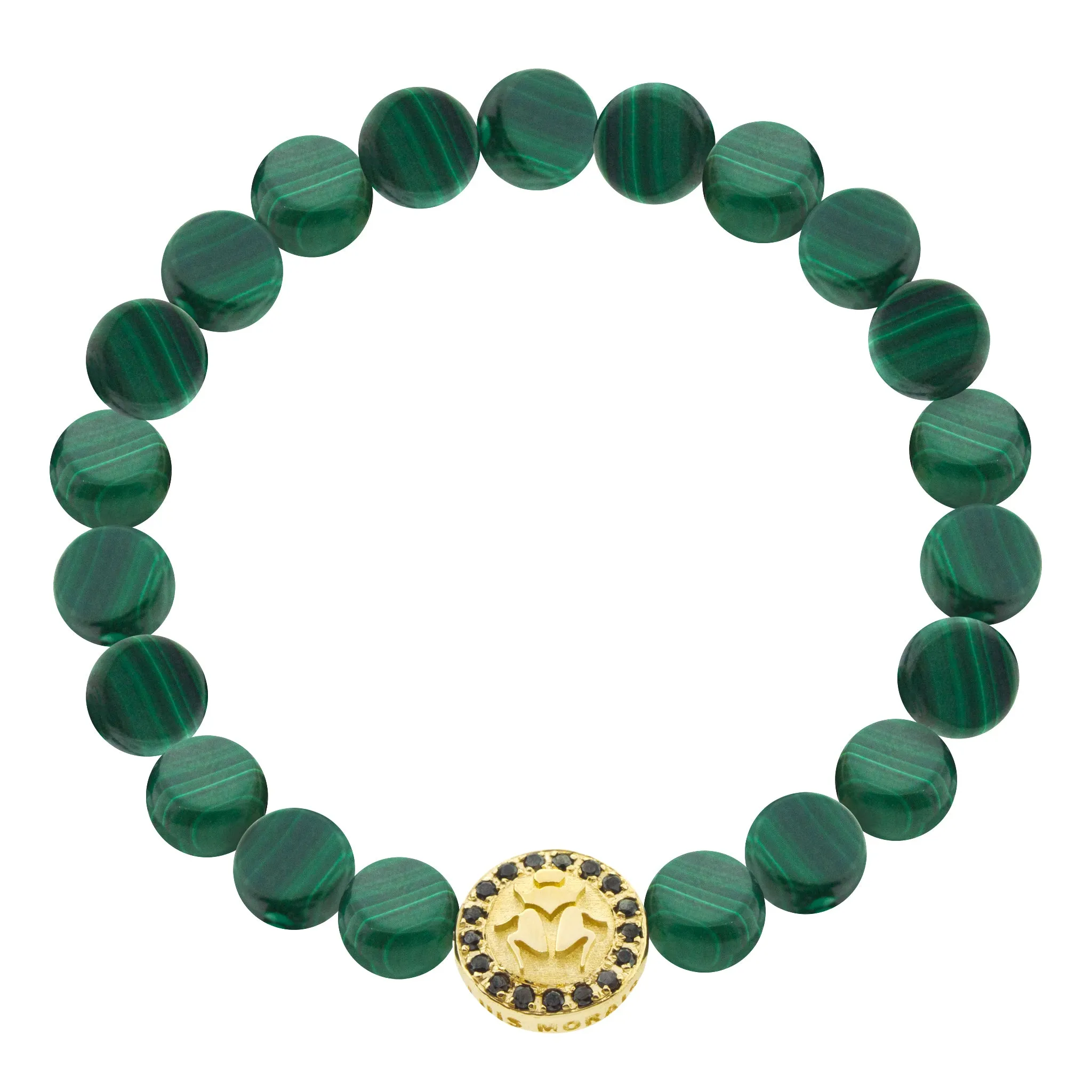 Large Scarab Disk with Black Diamonds on a Medium Malachite Beaded Bracelet