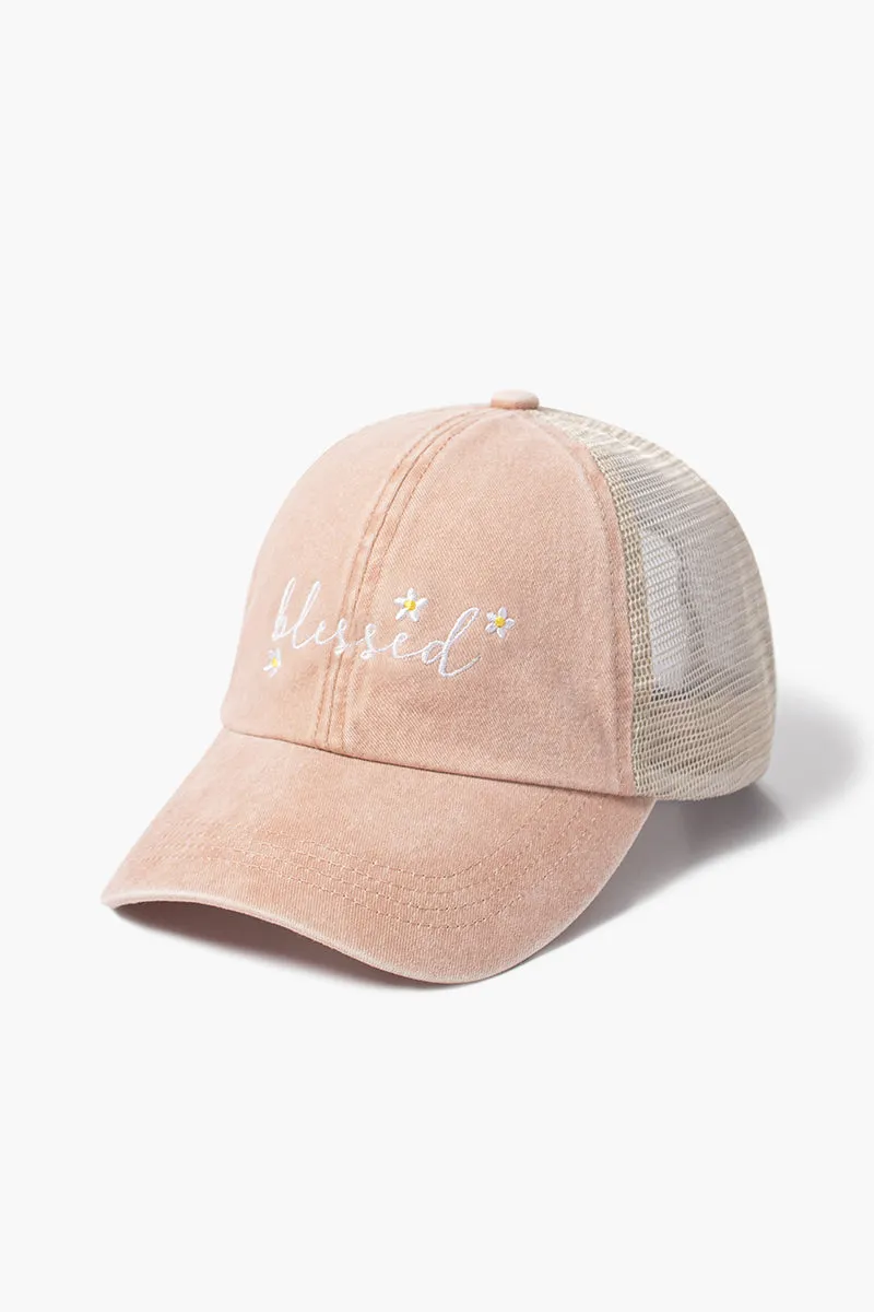 LCAPM1625 - blessed with daisy flowers embroidered mesh back baseball cap