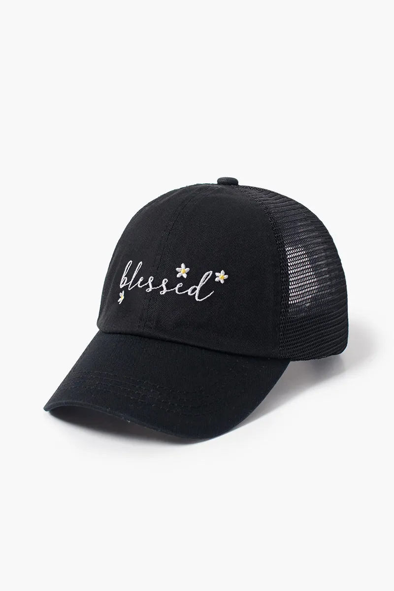 LCAPM1625 - blessed with daisy flowers embroidered mesh back baseball cap