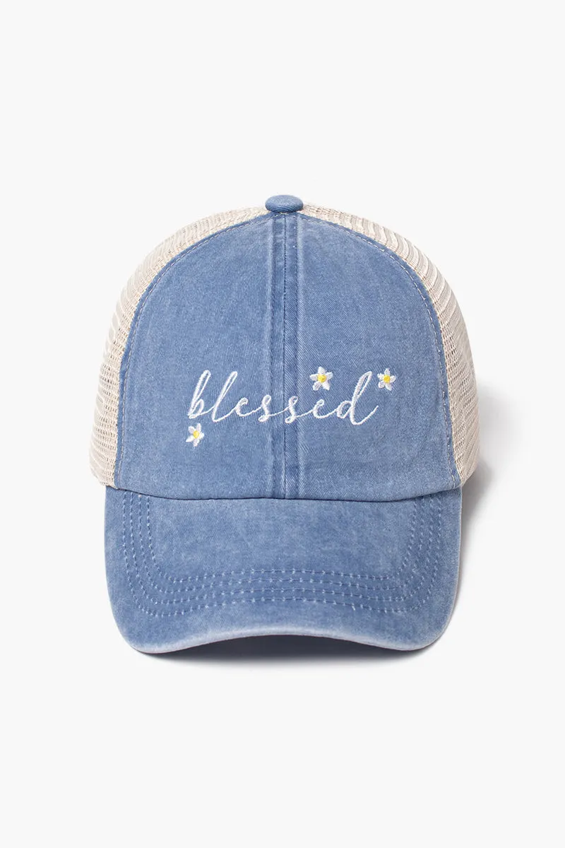 LCAPM1625 - blessed with daisy flowers embroidered mesh back baseball cap