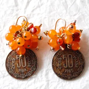 Mandarin Orange Dyed Jade Vintage Paisa Coin Earrings, E041710 Paisa