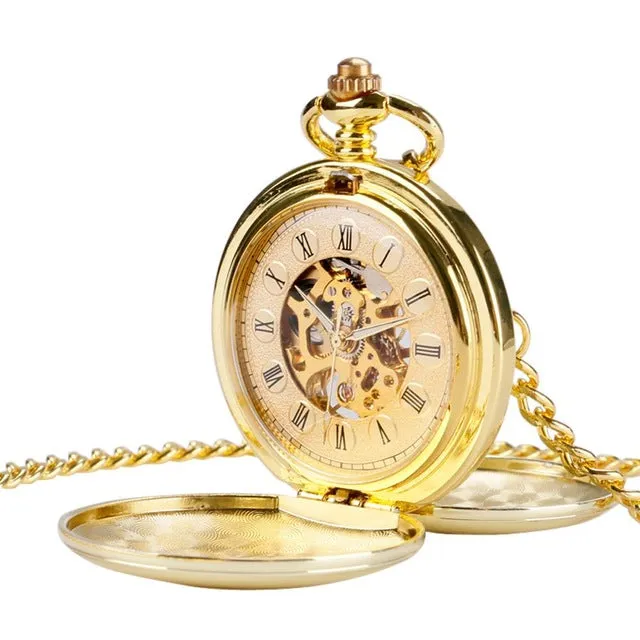 Mechanical Pocket Watch Full Gold Color Men Women Stylish Retro FOB Hand Wind Double Hunter