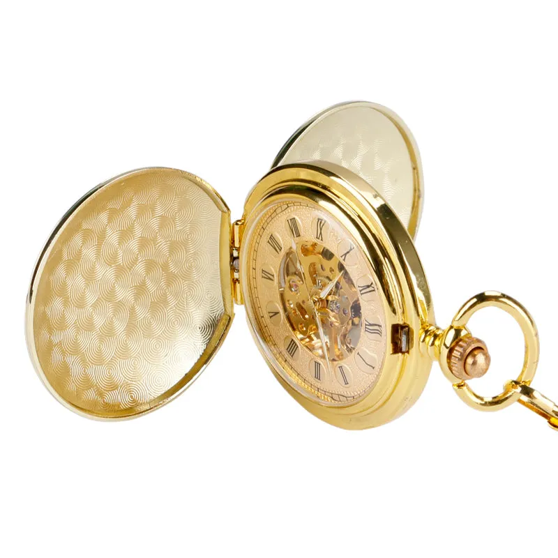 Mechanical Pocket Watch Full Gold Color Men Women Stylish Retro FOB Hand Wind Double Hunter