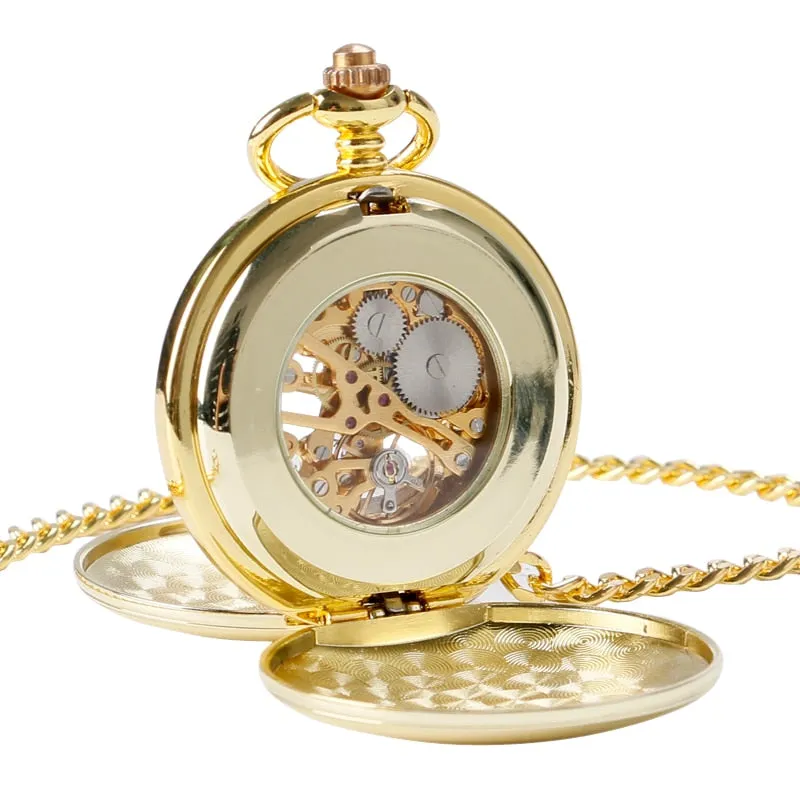 Mechanical Pocket Watch Full Gold Color Men Women Stylish Retro FOB Hand Wind Double Hunter