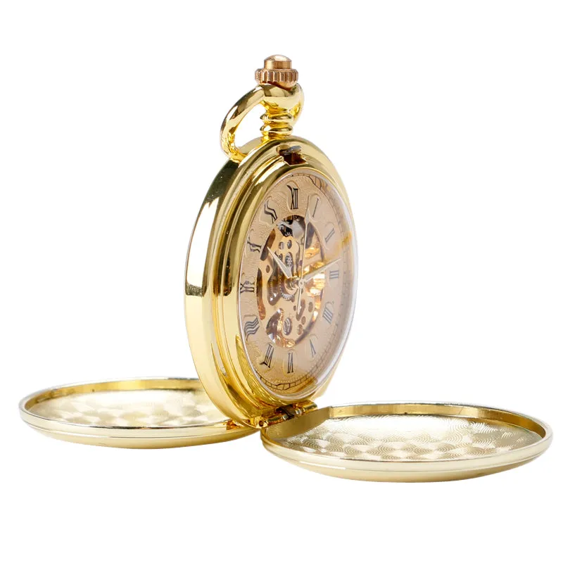 Mechanical Pocket Watch Full Gold Color Men Women Stylish Retro FOB Hand Wind Double Hunter