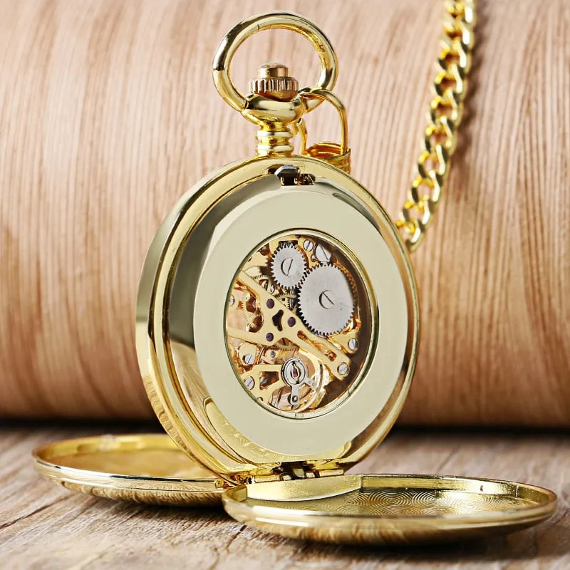 Mechanical Pocket Watch Full Gold Color Men Women Stylish Retro FOB Hand Wind Double Hunter
