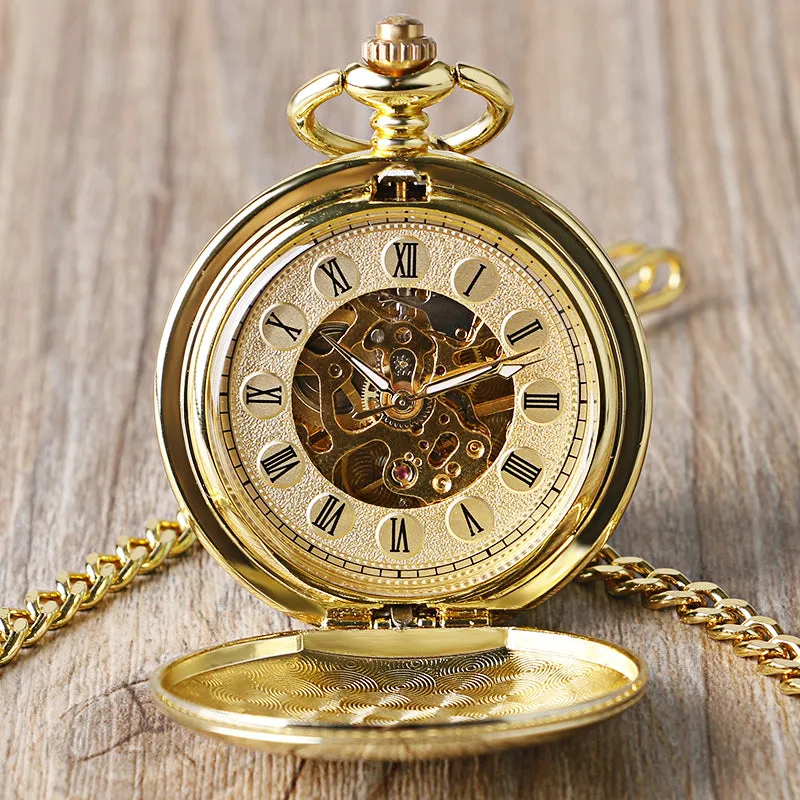 Mechanical Pocket Watch Full Gold Color Men Women Stylish Retro FOB Hand Wind Double Hunter