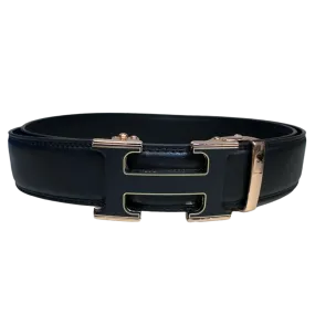 Men's Black Genuine Leathers Belt H Gold Buckle Fashion Design