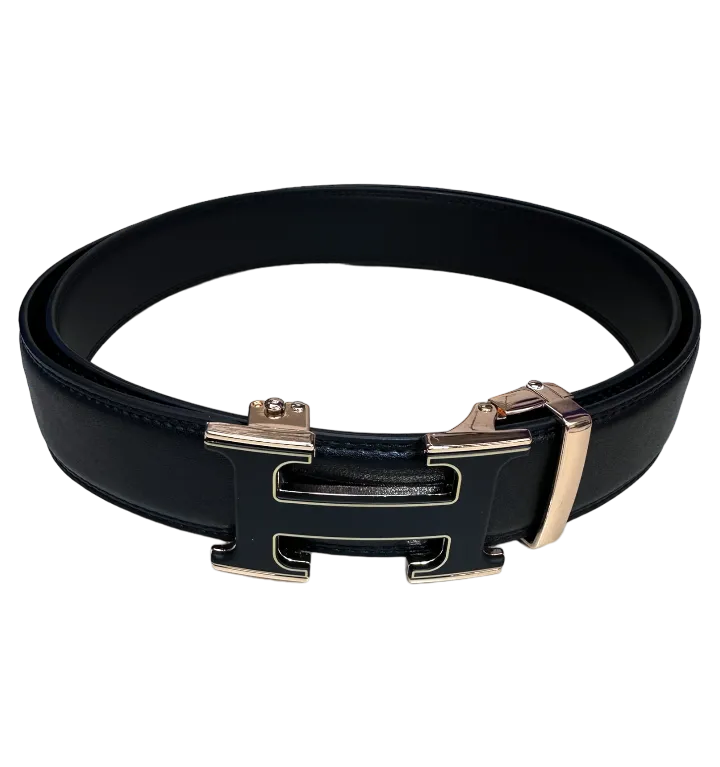 Men's Black Genuine Leathers Belt H Gold Buckle Fashion Design