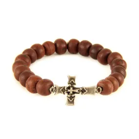 Mens Light Brown Beaded Bracelet with Brass Triple Cross Charm