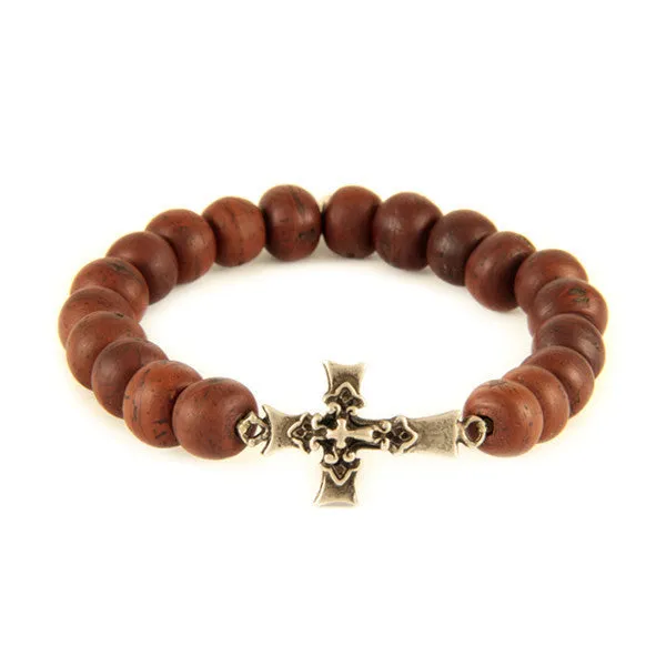Mens Light Brown Beaded Bracelet with Brass Triple Cross Charm