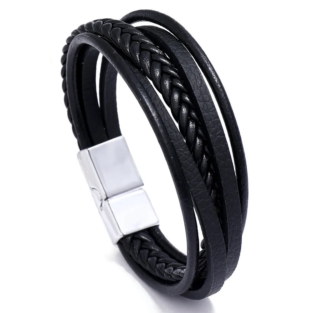 Men's Retro Multi-layer Leather Woven Bracelet With Magnetic Buckle