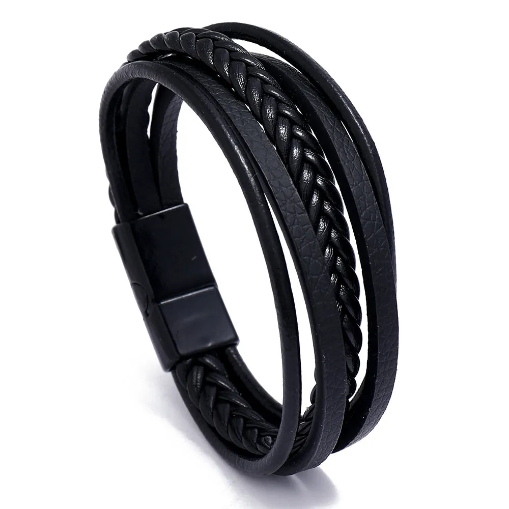Men's Retro Multi-layer Leather Woven Bracelet With Magnetic Buckle