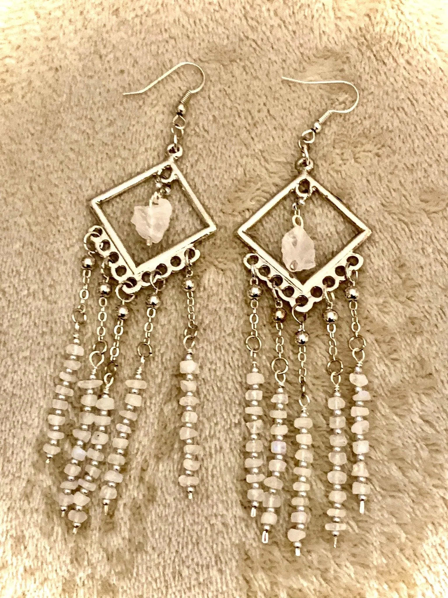 Moonbeam- Handmade Genuine Rough Cut Moonstone and Clear Quartz Dangling Earrings