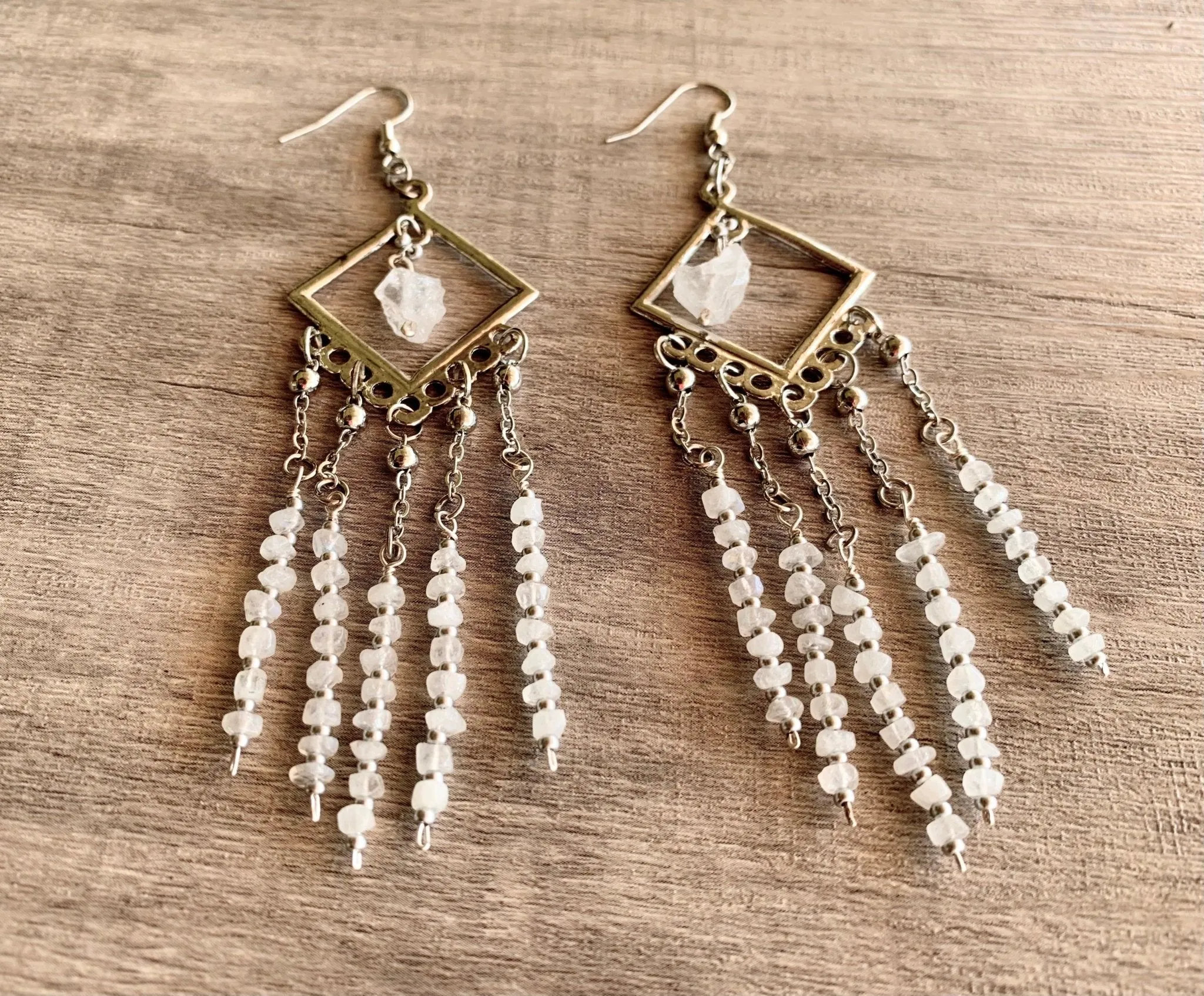 Moonbeam- Handmade Genuine Rough Cut Moonstone and Clear Quartz Dangling Earrings