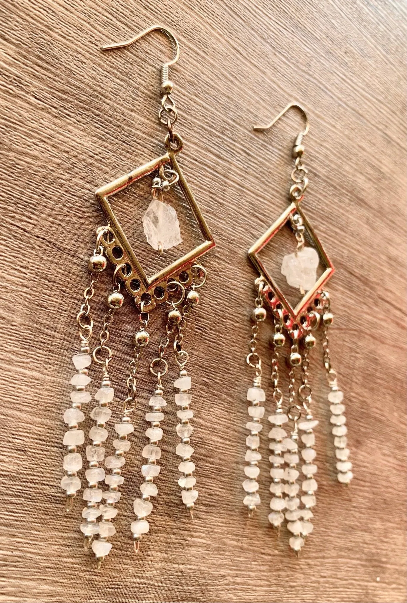 Moonbeam- Handmade Genuine Rough Cut Moonstone and Clear Quartz Dangling Earrings